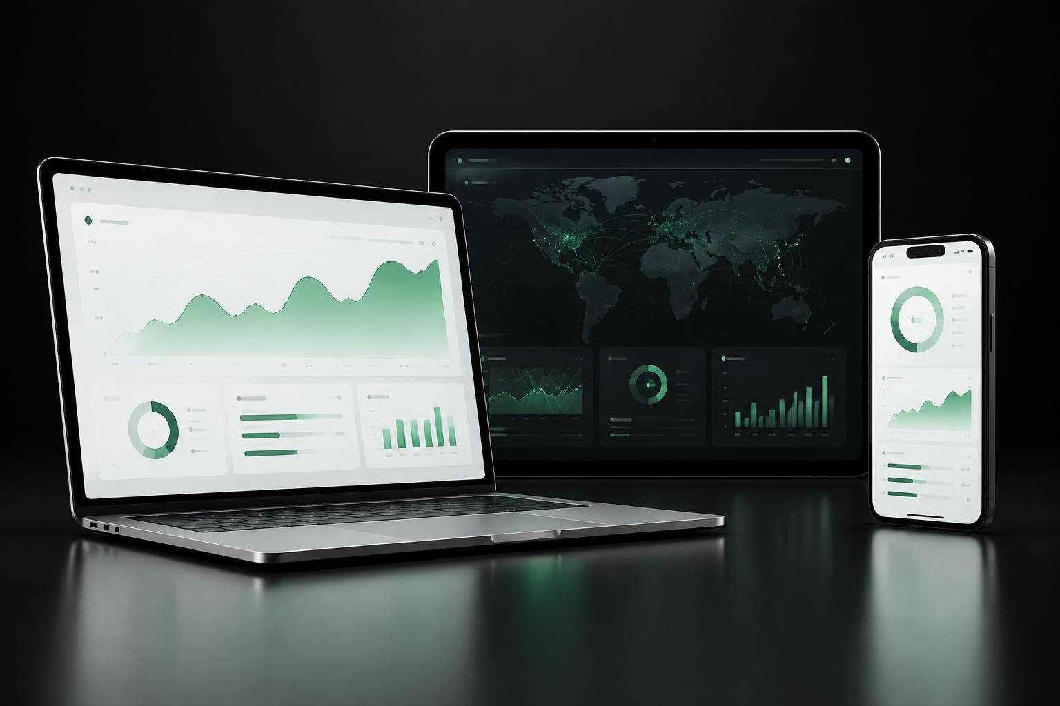 Phone, tablet and laptop showing a polished product